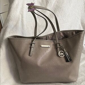 Michael Kors Taupe Embossed MK Tote with Charm